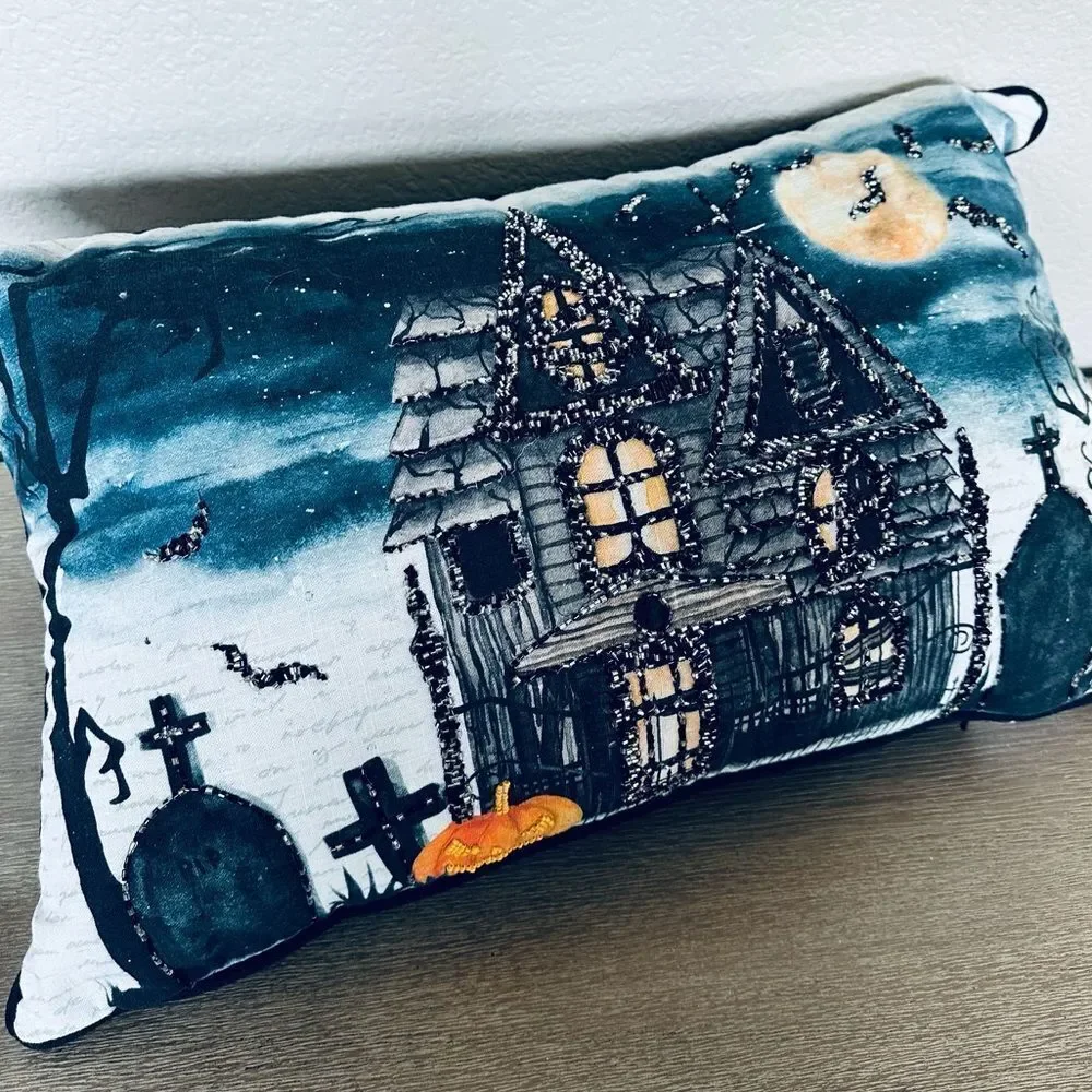 Halloween Haunted House Embroidered Beaded Throw Pillow